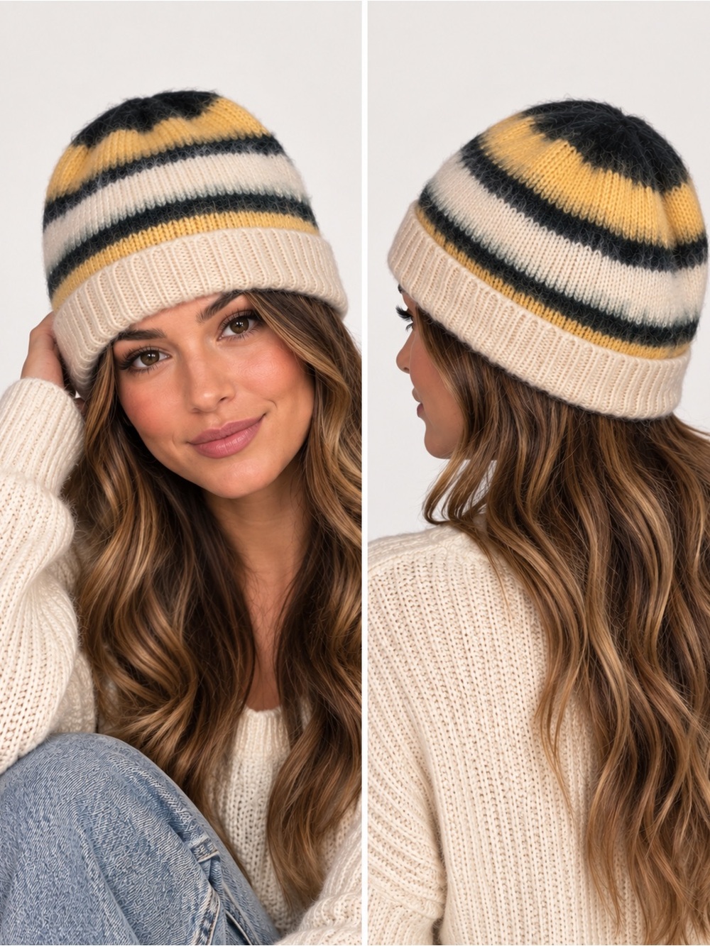 FP Free People Striped Knit Cozy Warm Fuzzy Beanie Yellow, Cream, Green One Size